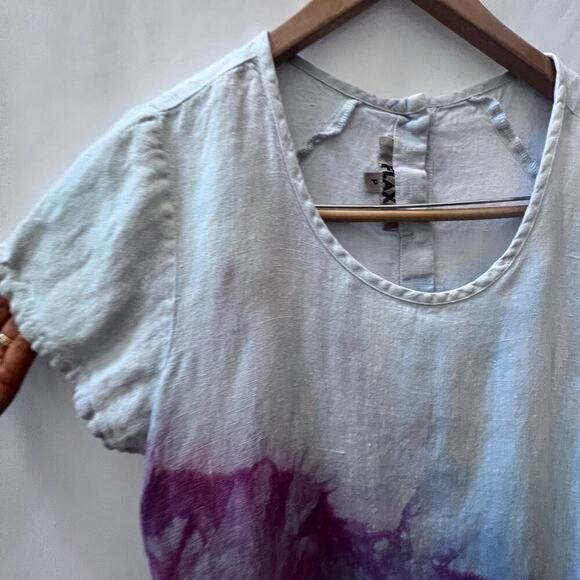 FLAX Tie Dye 100% Linen Women's Beachy Look Top Sz P Back Buttons Short Sleeve - Picture 9 of 9